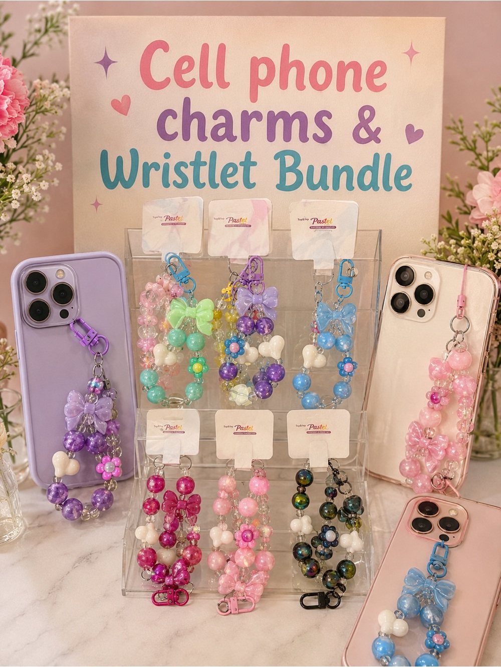 12- Cell phone charms wristlet Bow & beads Charm - Pastel Assorted Colors